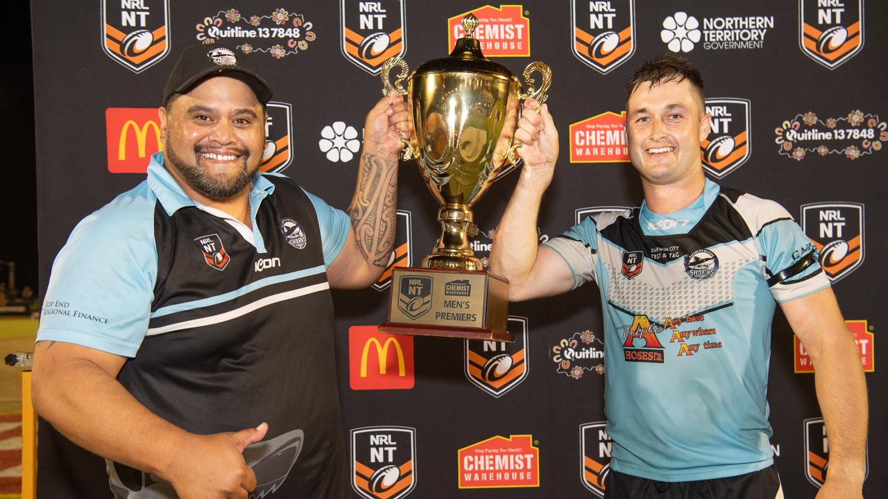 Coach PD and Mitch Burke as Northern Sharks celebrate winning the 2023 NRL NT grand final. Picture: Pema Tamang Pakhrin