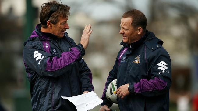 Storm coach Craig Bellamy (left) has questioned Brisbane’s handling of Xavier Coates under Broncos mentor Kevin Walters, his former assistant.