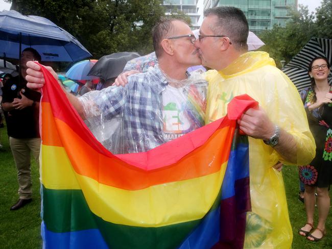1511/17 SSM Adelaide. Ian Brett and Michael Collins celebrate the yes vote at the Same Sex Marriage vote results announcement in Hindmarsh Square in the city. photo Calum Robertson