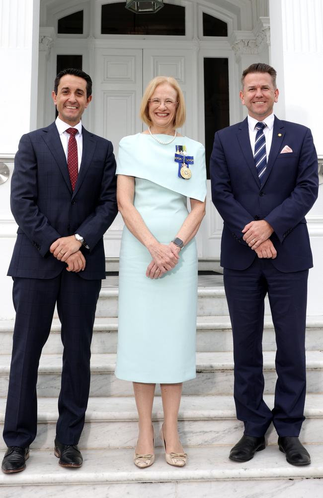 Premier David Crisafulli and Deputy Premier Jarrod Bleijie, with Governor Dr Jeannette Young, at Government House on Monday. Picture: Steve Pohlner