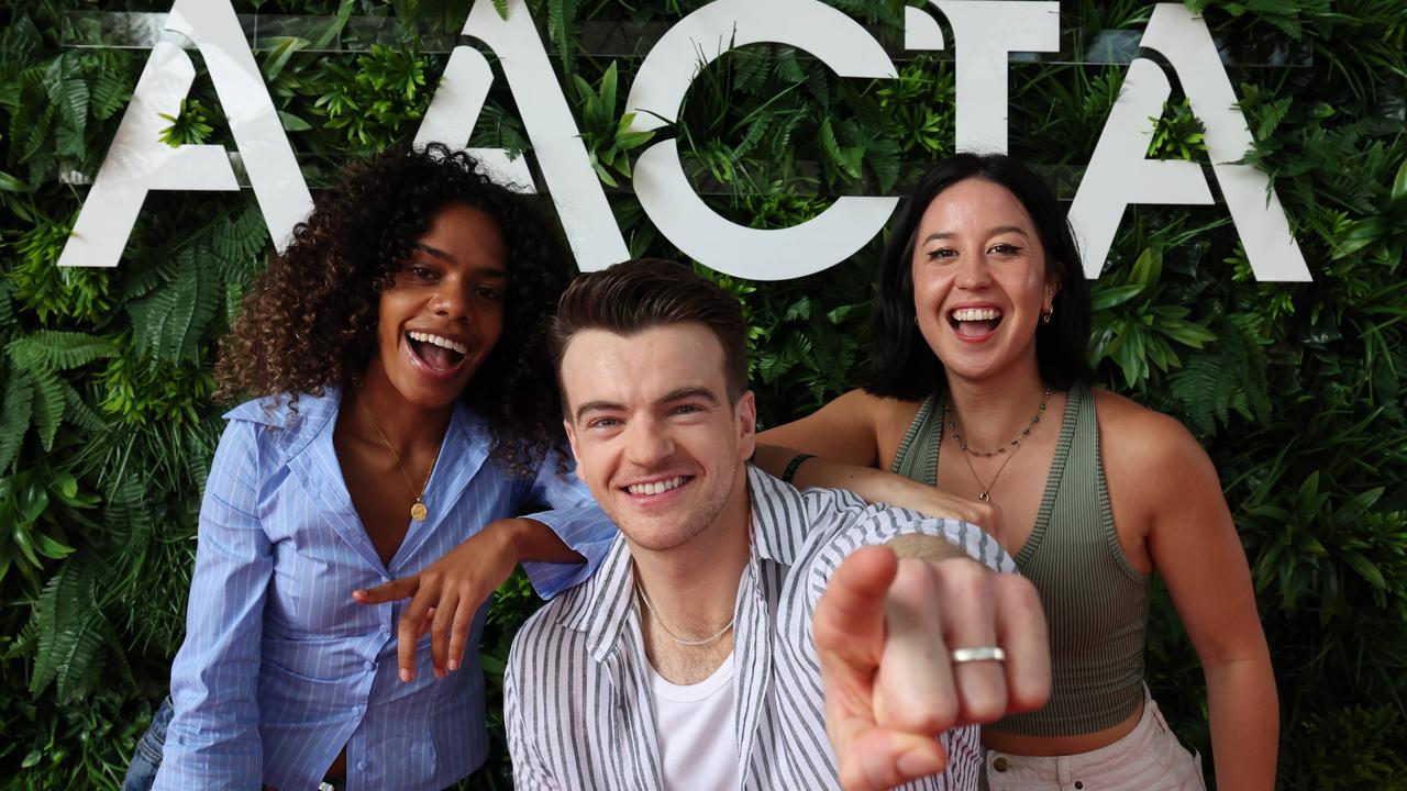 AACTA Industry Ambassadors look over preparations for the event. Talijah Blackman-Corowa (Black Snow) with Jonno Davies who played Robbie Williams in BETTER MAN and Nina Oyama at HOTA. Picture Glenn Hampson