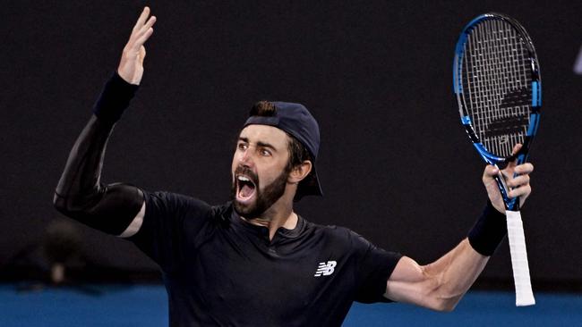 Australia's Jordan Thompson celebrates winning the second set against Spain's Rafael Nadal during their men's singles match at the Brisbane International/. Picture: AFP