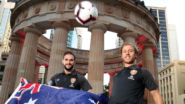 Roar players Jack Hingert and Stefan Mauk at Anzac Square in Brisbane. Picture: Liam Kidston