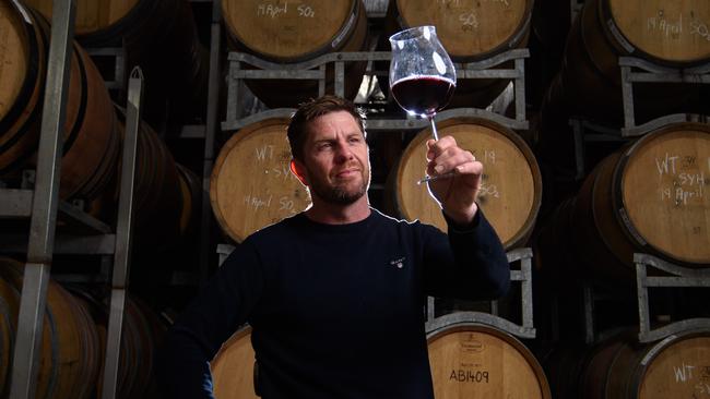 Victorian winemaker Scott Austin in his barrel room. Picture: Jay Town