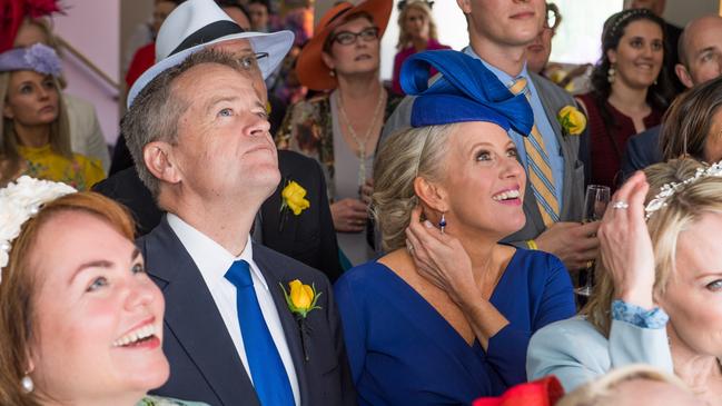 Bill Shorten and wife Chloe in the Tabcorp marquee at Flemington on Melbourne Cup day.