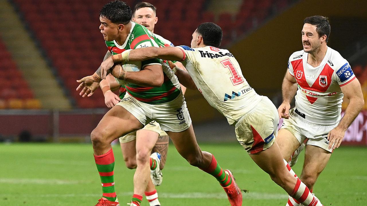 Latrell Mitchell and the Rabbitohs tackled the Dragons in the third match of a triple-header at Suncorp Stadium on Sunday. Picture: NRL Photos