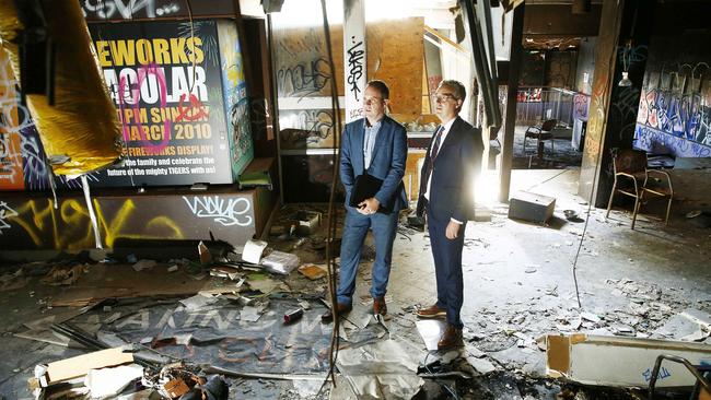 State manager of Urban Jeff Curnow with design principal from Scott Carver, Peter St Clair inside the foyer of the Balmain Leagues Club site in Rozelle. Picture: John Appleyard
