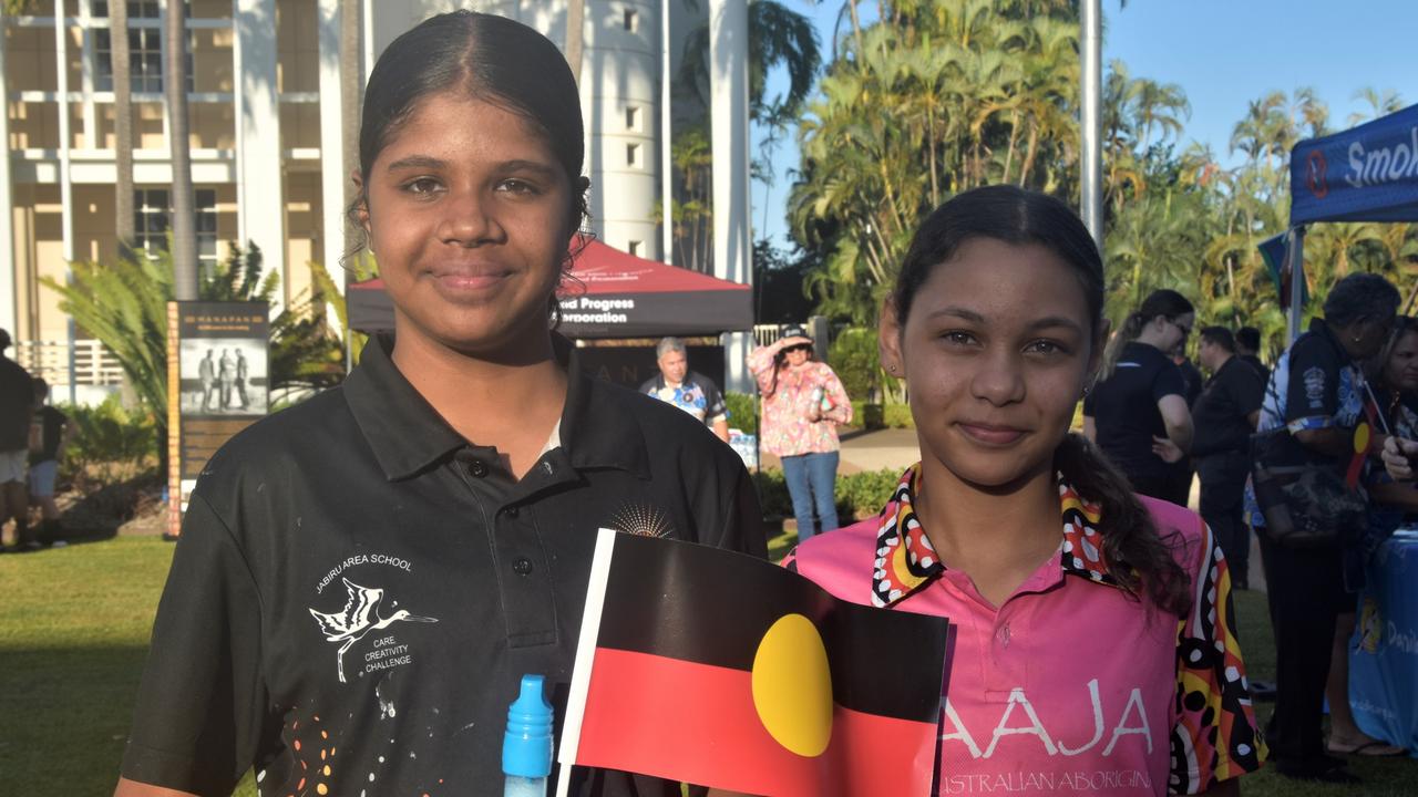 Anne-Marie Sabine and Caitlin Ferreira were among thousands of Territorians who took part in the 2023 NAIDOC march in Darwin, which saw the highest number of marchers the Territory has seen. Picture: Sierra Haigh