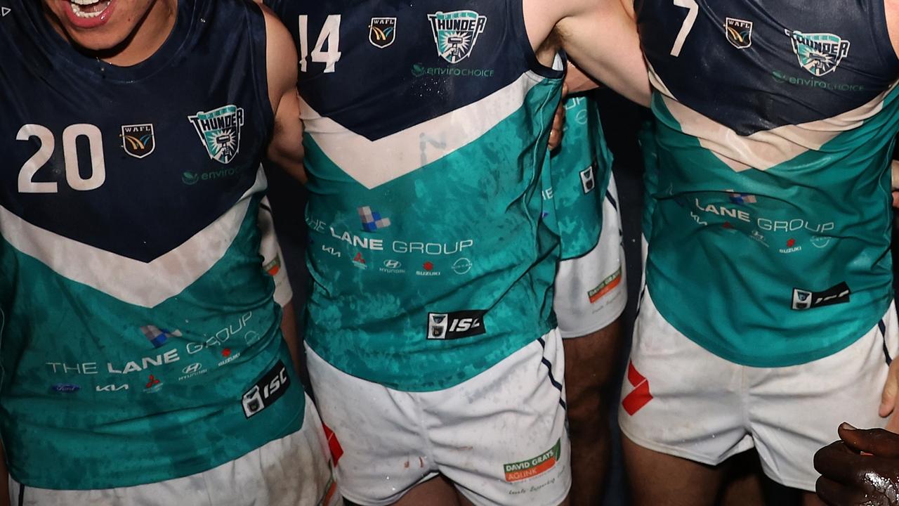 PERTH, AUSTRALIA - JUNE 04: Nat Fyfe of the Thunder celebrates with team mates after winning the round seven WAFL match between the Subiaco Lions and Peel Thunder at Leederville Oval on June 04, 2022 in Perth, Australia. (Photo by Paul Kane/Getty Images)
