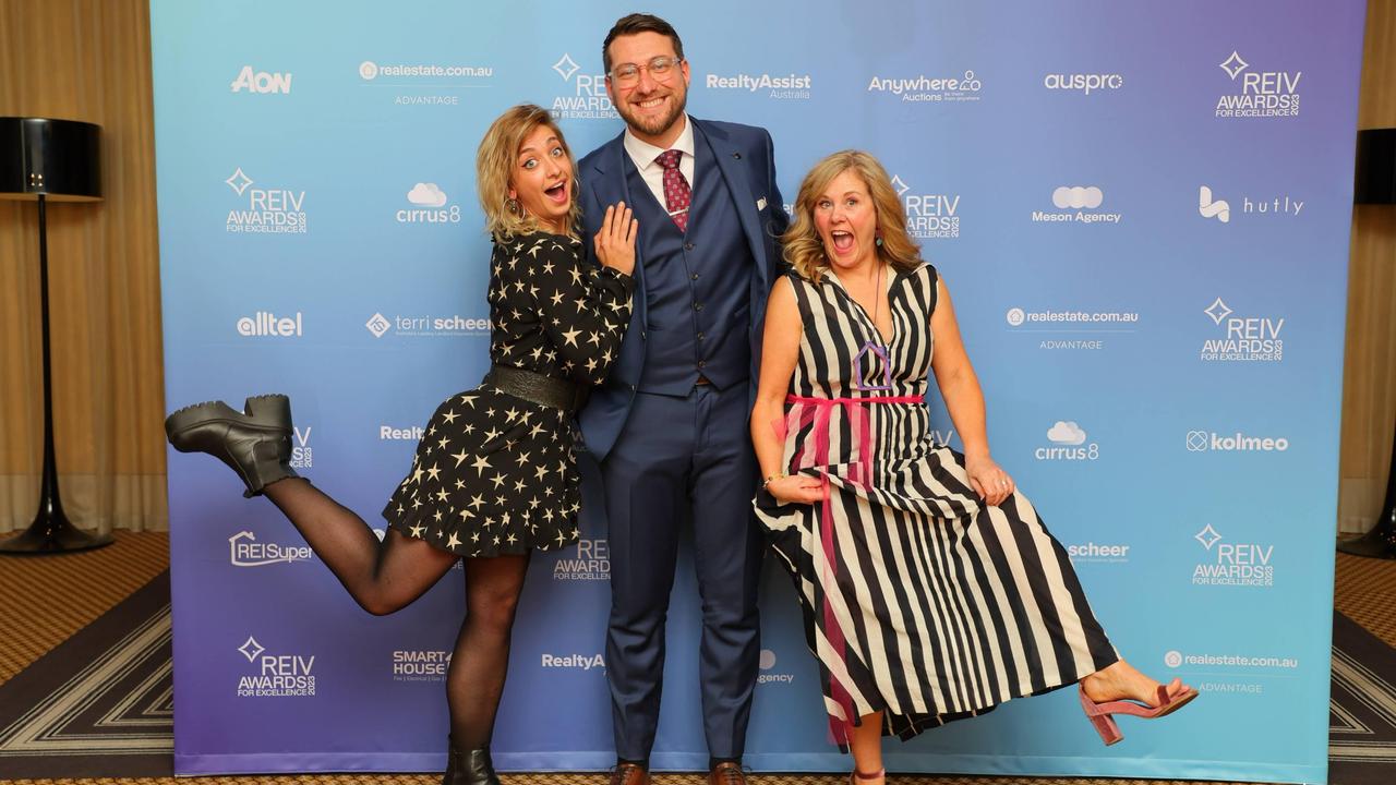 Jodie J Hill with colleagues Bianca Moran and Peter Cristea at the 2023 REIV Awards Night in October where her agency SheSells was a finalist for both Marketing and Innovation.