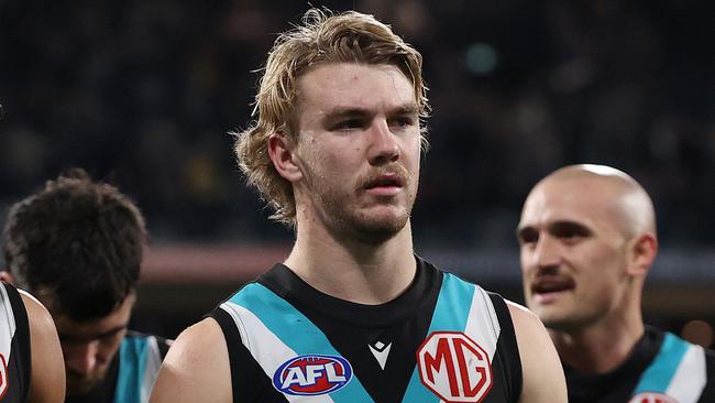 MELBOURNE, AUGUST 5, 2023: 2023 AFL Football - Round 21 - Geelong Cats V Port Adelaide Power at GMHBA Stadium. Jason Horne-Francis of the Power  after the loss. Picture: Mark Stewart