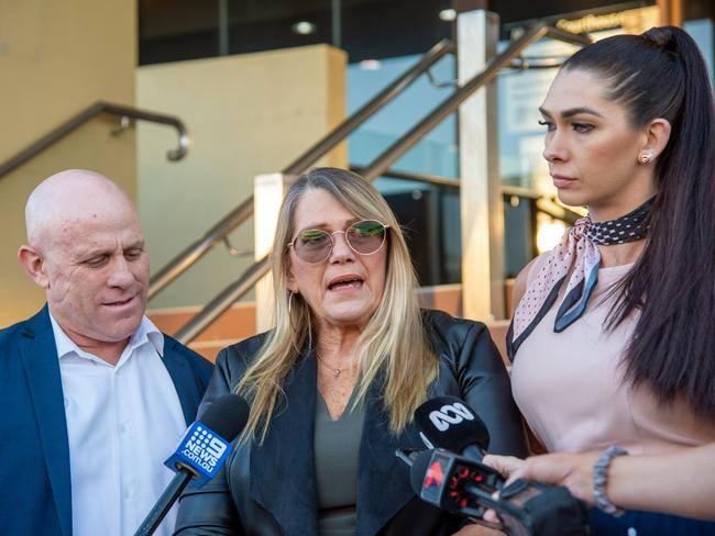 Shandee Blackburn’s mother Vicki with partner Paul Beardmore and daughter Shannah outside court yesterday. Picture: Daryl Wright