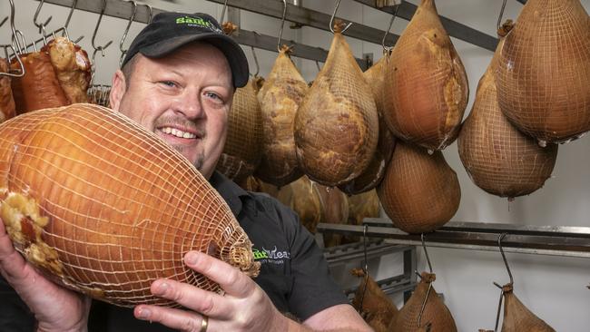 Saint Meat’s Shannon Anderson with his award winning ham at his North Haven store. Picture: Nick Clayton