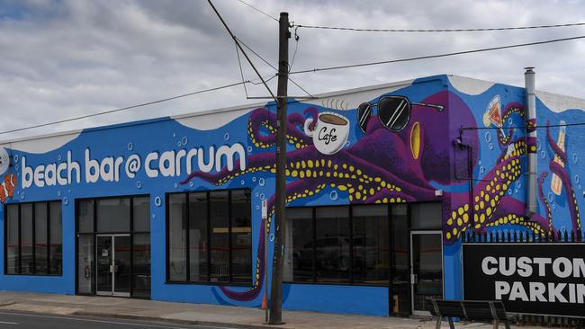 Beach Bar @ Carrum features bright artwork by street artist Conrad Bizjak. Picture: Penny Stephens