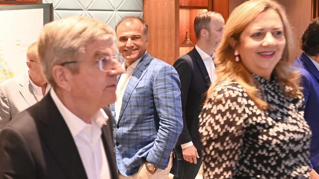 International Olympic Committee President Thomas Bach and Queensland Premier Annastacia Palaszczuk, with Dr Reza Adib watching on in Sydney on Sunday. Picture: NCA NewsWire / Jeremy Piper