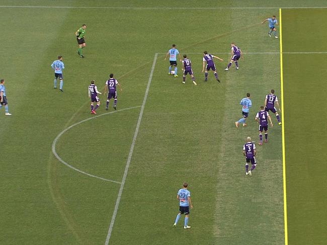 Sydney FC's Michael Zullo (top) is incorrectly ruled offside in the A-League grand final against Perth Glory.