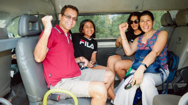 Dr Vipin Tayal, Kavya Tayal, Medha Tayal and Dr Puja Gupta after being released from Howard Springs today. Picture: Glenn Campbell