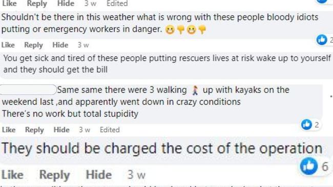 A selection of Facebook comments responding to the news of a kayaker's injury and rescue at Behana Creek. Picture: Facebook screenshot