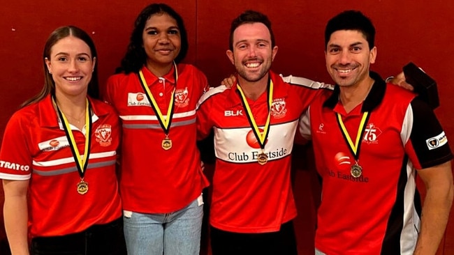 Libby Taylor pictured with her Federal clubmates Tanika McDonald, Abe Ankers and Jesiah Minor at the 2023 Minahan Medal night. Picture: Federal Football Club