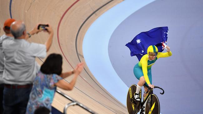 Kaarle Mcculloch of Australia celebrates as Australia win the Women's Team Sprint final at the Anna Meares Velodrome. Picture: Dan Mullan/Getty Images