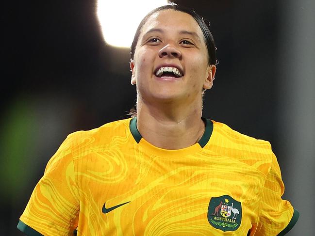 PERTH, AUSTRALIA - NOVEMBER 01: Sam Kerr of the Matildas celebrates her goal during the AFC Women's Asian Olympic Qualifier match between Australia Matildas and Chinese Taipei at HBF Park on November 01, 2023 in Perth, Australia. (Photo by James Worsfold/Getty Images)