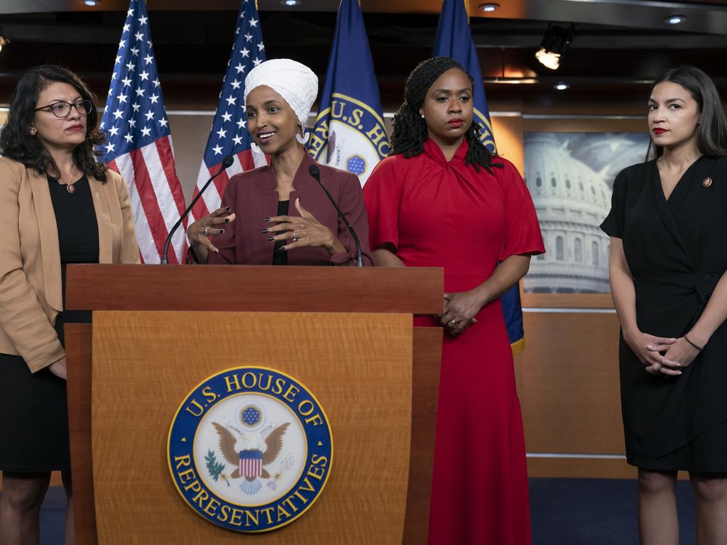 From left, US Representatives Rashida Tlaib, Ilhan Omar, Ayanna Pressley and Alexandria Ocasio-Cortez, respond to base remarks by President Donald Trump. Picture: AP