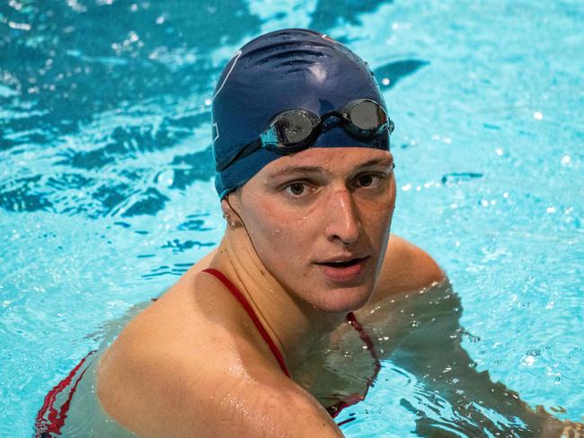 Lia Thomas, a transgender woman, finishes the 200 yard Freestyle for the University of Pennsylvania at an Ivy League swim meet against Harvard University in Cambridge, Massachusetts, on January 22, 2022. (Photo by Joseph Prezioso / AFP)