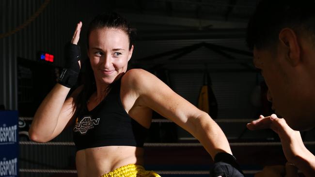 Cairns Muay Thai fighter Jessica Geyl is the Australian WKBF Super Welterweight title holder after defeating Hannah Dalby over 5 rounds in Brisbane on March 13. Picture: Brendan Radke