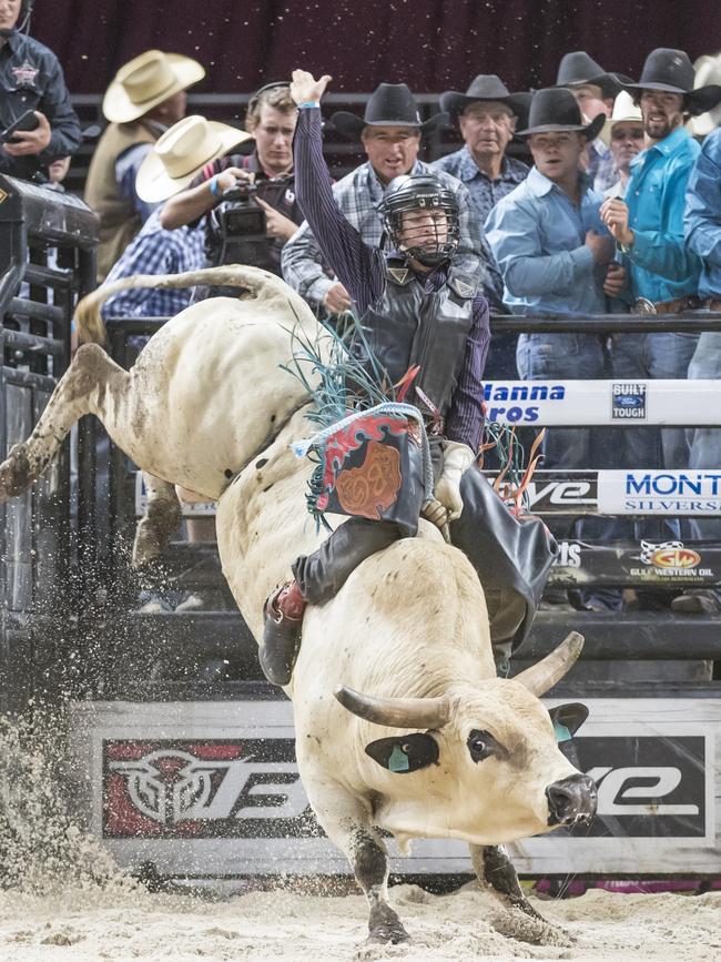 Bradie Gray bull riding in Sydney in 2016. Picture: Phillip Wittke