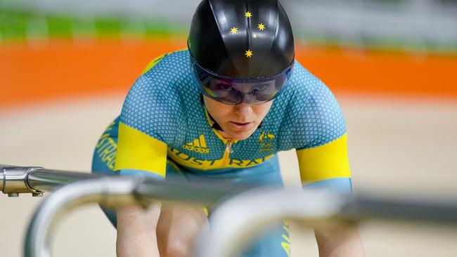 Anna Meares practices during a track cycling training session at the Rio Olympic Velodrome.