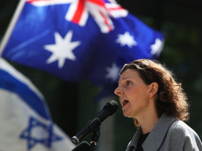 SYDNEY, AUSTRALIA - NOVEMBER 26: Allegra Spender speaks during a 'United With Israel - Bring Them Home' protest on November 26, 2023 in Sydney, Australia. Urged by the U.S., Israel and Hamas agreed to a temporary halt in fighting that will see some 150 Palestinian prisoners swapped for 50 Israeli hostages, and allow urgently needed aid to be delivered to the Gaza Strip.  (Photo by Lisa Maree Williams/Getty Images)