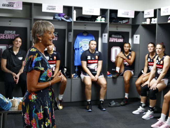 DAILY TELEGRAPH FEBRUARY 12, 2025. Layne Beachley giving the Sydney Flames an insight into her lessons and techniques for sporting success and overcoming adversity ahead of their game against Townsville at the Quaycentre at Sydney Olympic Park. Picture: Jonathan Ng