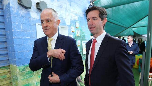 Malcolm Turnbull visits a school in Sydney with Simon Birmingham. Picture: Britta Campion