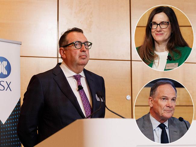 Outgoing ASX chair Damian Roche with, inset top, CEO Helen Lofthouse and, inset bottom, incoming chair David Clarke at the ASX annual meeting in Sydney. Picture: Picture: Max Mason-Hubers