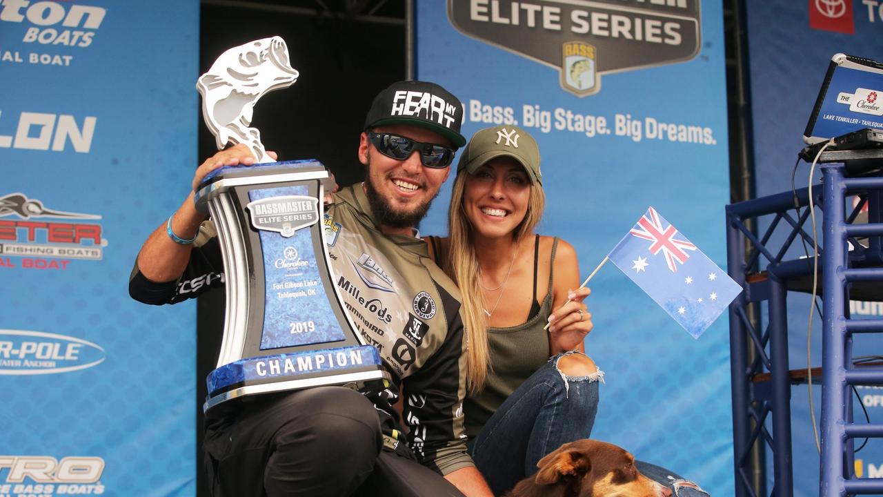 Toowoomba's Carl Jocumsen and American fiancee Kayla Palaniuk celebrate Carl being the first Aussie to win an Elite Series event with his victory at the Cherokee Casino Tahlequah Bassmaster Elite at Lake Tenkiller. Photo: Seigo Saito/B.A.S.S