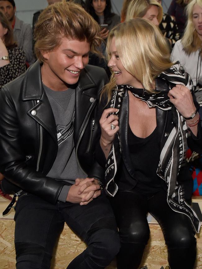 Jordan Barrett chats with Kate Moss. Picture: David M. Benett/Getty