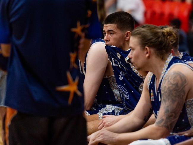 Ansett’s star guard Freddy Webb in a pensive mood at halftime against Tracy Village last month. He has a decision to make regarding where he’ll play next year, with Queensland and South Australian NBL1 clubs showing interest in his outstanding skills. Picture: Che Chorley