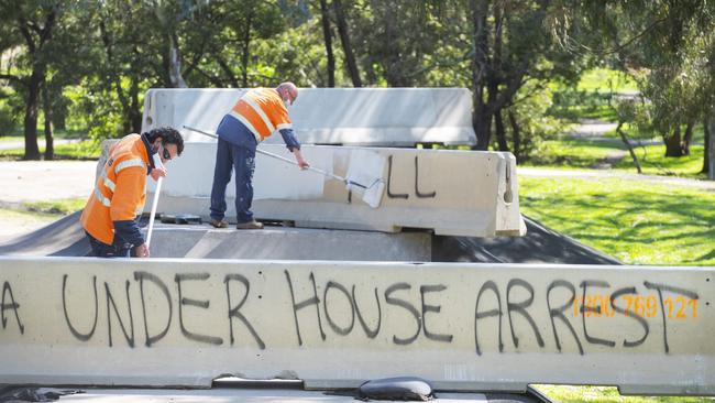 Large concrete bollards have been put up at a Glen Iris park to stop kids riding bikes. Picture: Rob Leeson.