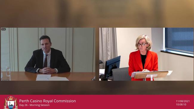 Crown Resorts CFO Alan McGregor, left, gives evidence at the WA royal commission into Crown Resorts to counsel assisting the commission Patricia Cahill SC on Wednesday.