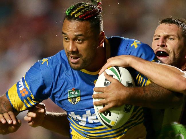 Parramatta's Kenny Edwards tackled by Manly's Lewis Brownduring the round 7 NRL game between the Manly Sea Eagles and the Parramatta Eels at Brookvale Oval,Brookvale .Picture Gregg Porteous