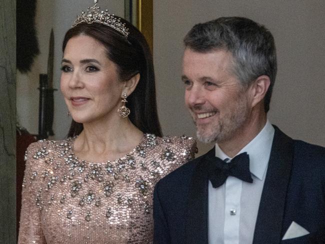 COPENHAGEN, DENMARK - 2025/02/28: Queen Mary (L) and King Frederik X (R) arrive at an evening party for representatives from the world of arts and culture. The guests are invited for dinner and entertainment in Riddersalen at Christiansborg Palace hosted by HM King Frederik and HM Queen. (Photo by Kristian Tuxen Ladegaard Berg/SOPA Images/LightRocket via Getty Images)