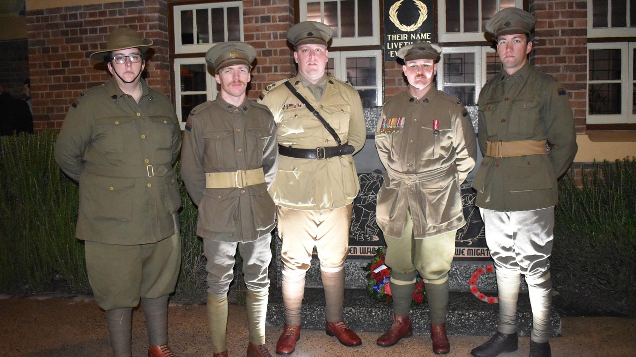 'A' Company, 15th Battalion, members Lachlan York, Kobe Peters, Robert York, Blaine Korhecz, and Declan Ford at the 2022 Ipswich Anzac Day Dawn Service. Picture: Jessica Baker