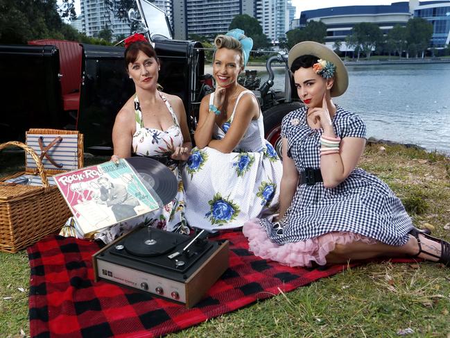 Retro picnickers Katrina Lee, Krystal Baggett and Sarah Smith are looking forward to the Cooly Rocks On Vintage Picnic at Jack Evans Boat Harbour. .