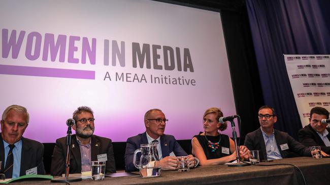 Australian Conservatives MLC Rob Brokenshire, Greens MLC Mark Parnell, Premier Jay Weatherill, The Advertiser’s Tory Shepherd, Opposition Leader Stephen Marshall, and SA Best leader Nick Xenophon at the Women in Media forum. AAP/RUSSELL MILLARD