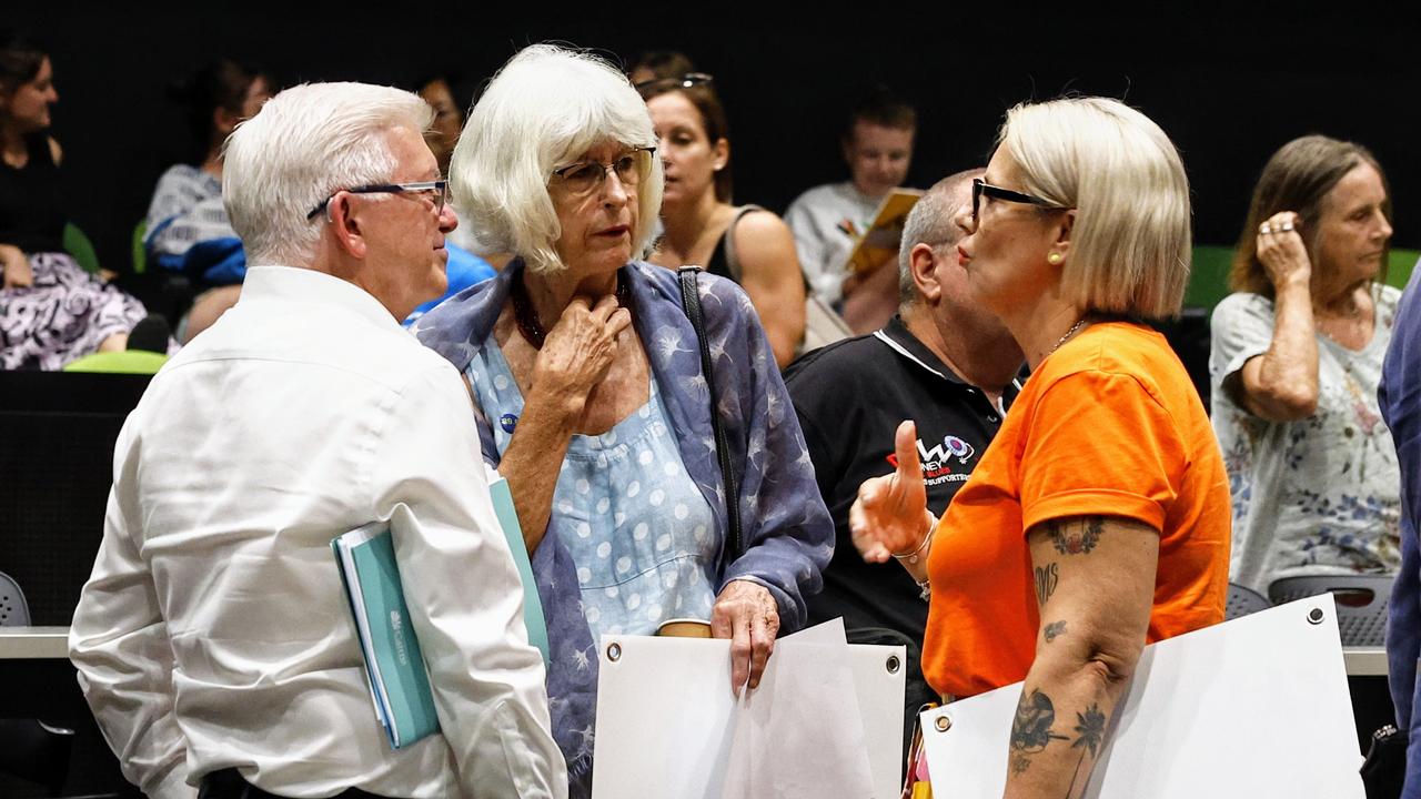 Cairns Mayor Terry James, former Cairns Mayor Val Schier and former Labor candidate for Leichhardt Elida Faith swap thoughts at the conclusion of the Cairns and Far North Environment Centre Mayoral Candidates Forum, held at the Cairns Institute at James Cook University's Smithfield campus. Picture: Brendan Radke