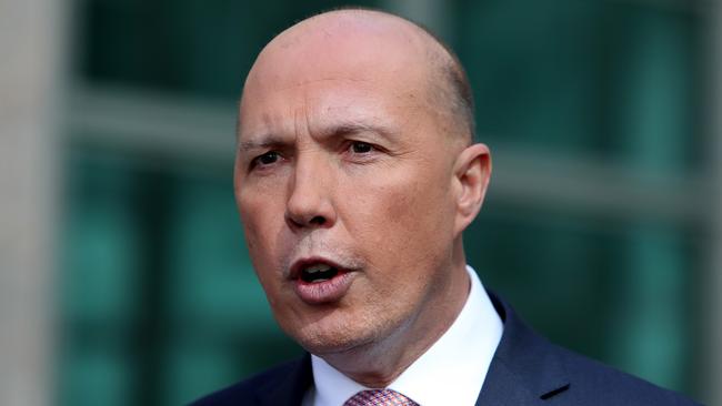 Peter Dutton holding a press conference at Parliament House yesterday. Picture: Kym Smith