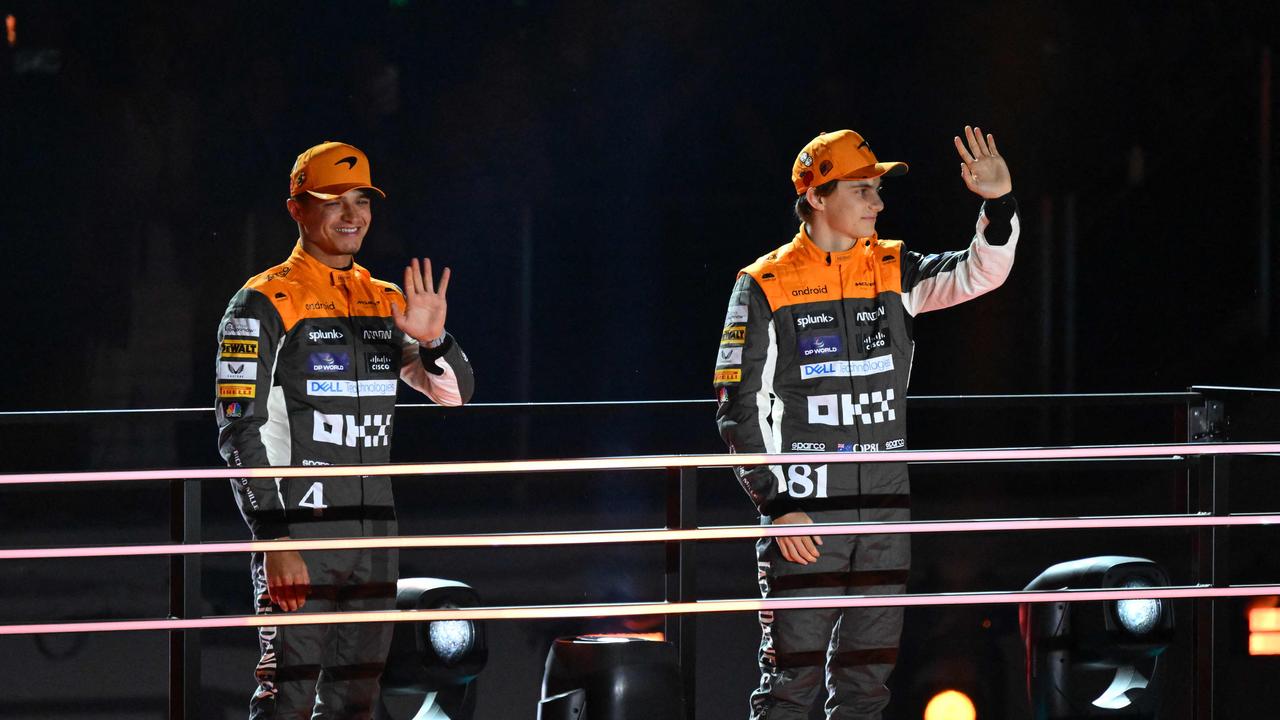 Lando Norris and teammate Oscar Piastri at the opening ceremony for the Las Vegas Grand Prix in November. Picture: Angela Weiss/AFP.