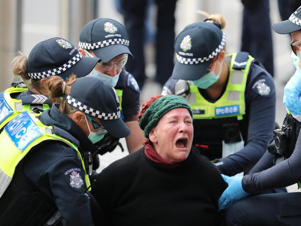 A rally in Melbourne organised by a group dubbed “Health Rights Alliance” saw several protesters arrested. Picture: Alex Coppel