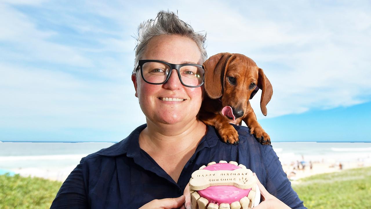 Dance Ericson-Wirth runs Noosa Dog Cakes with her dog Ray. They have developed a wide range of oven baked celebratory cakes and treats. Picture: Patrick Woods.