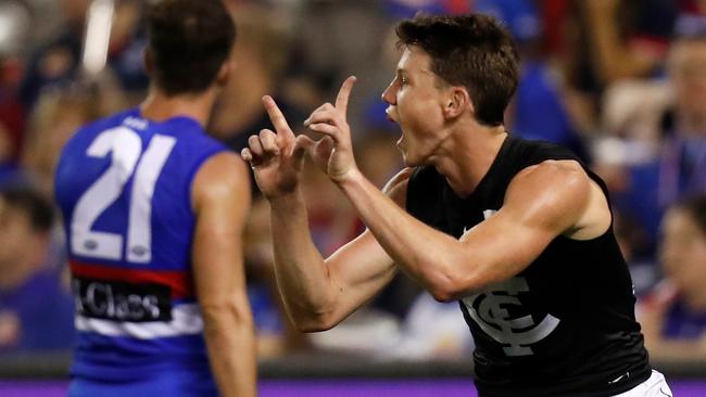 Sam Walsh celebrates a goal during Carlton’s victory over Western Bulldogs.